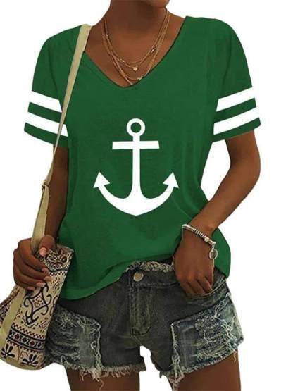 V-Neck Stylish Anchor Contrast Print T-Shirt