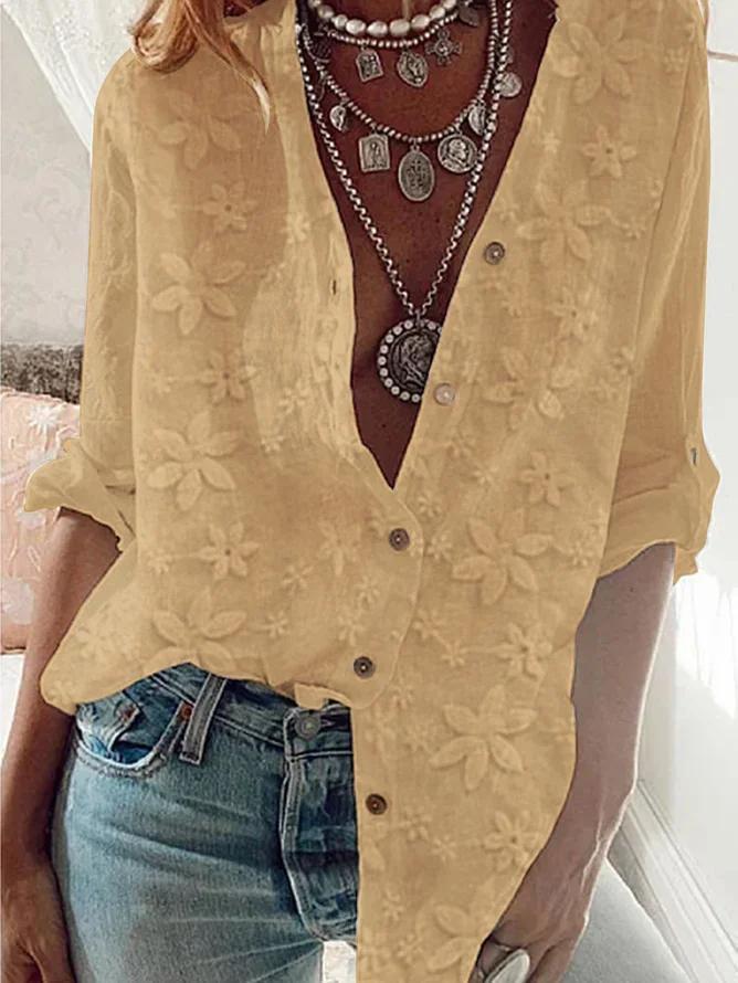 V Neck Embroidery Simple Cotton Plain Loose Blouse