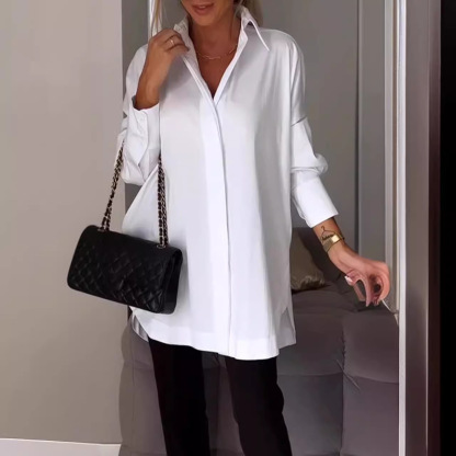 Women Long Sleeve Blouse Lapel Slit Shirt