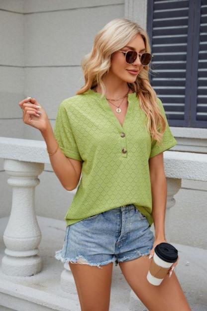 Solid color V-neck button loose short-sleeved T-shirt women's top