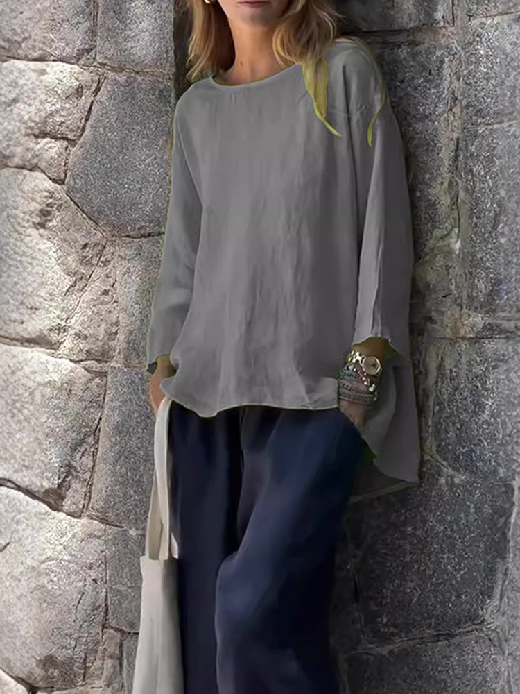 Women Solid color cotton and linen long sleeve shirt
