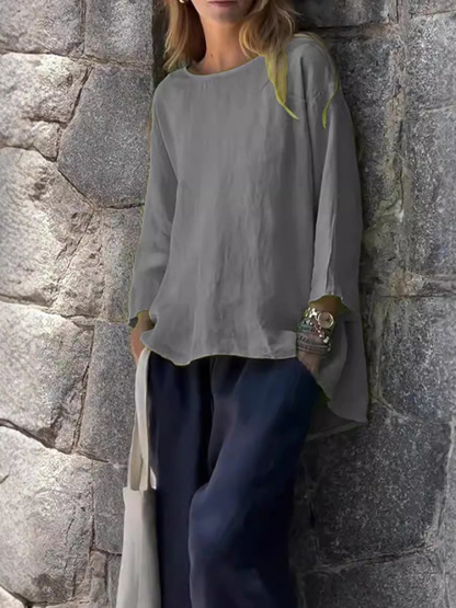 Women Solid color cotton and linen long sleeve shirt