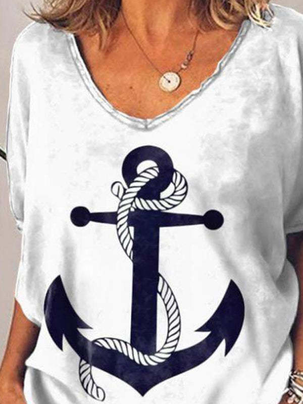 Anchor Print V-neck Striped  T-shirt