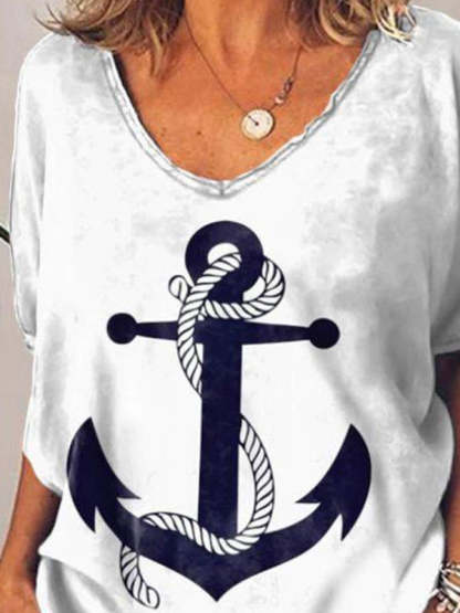 Anchor Print V-neck Striped  T-shirt