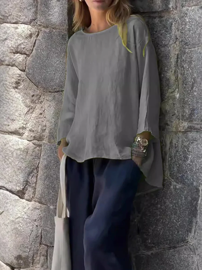 Women Solid color cotton and linen long sleeve shirt