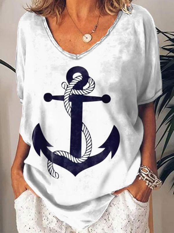 Anchor Print V-neck Striped T-shirt