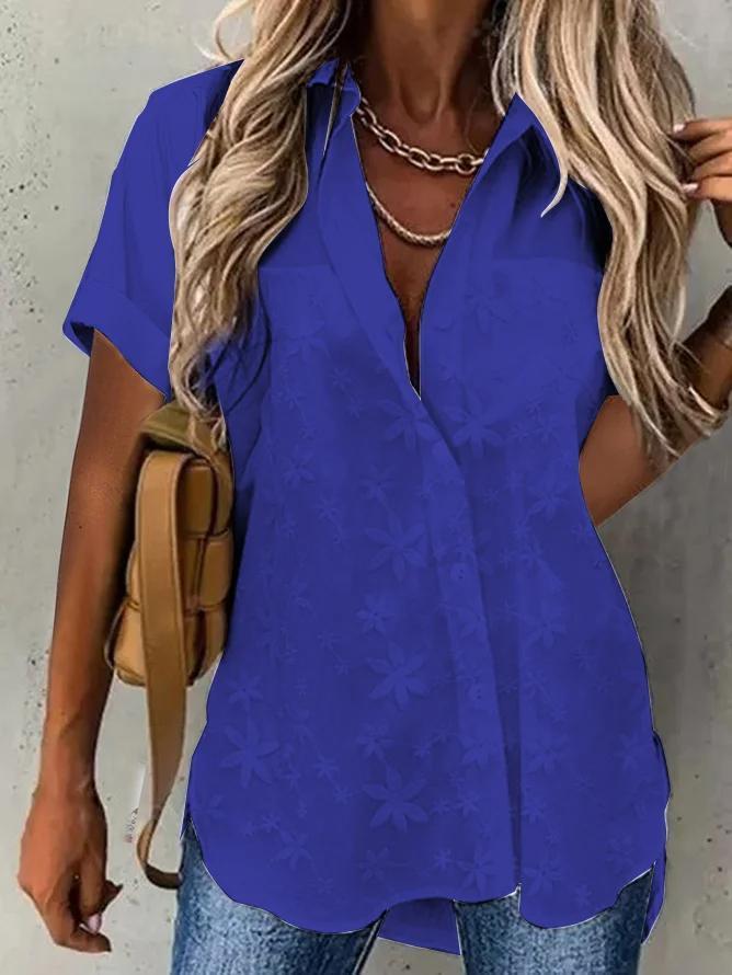 V Neck Embroidery Simple Cotton Plain Loose Blouse