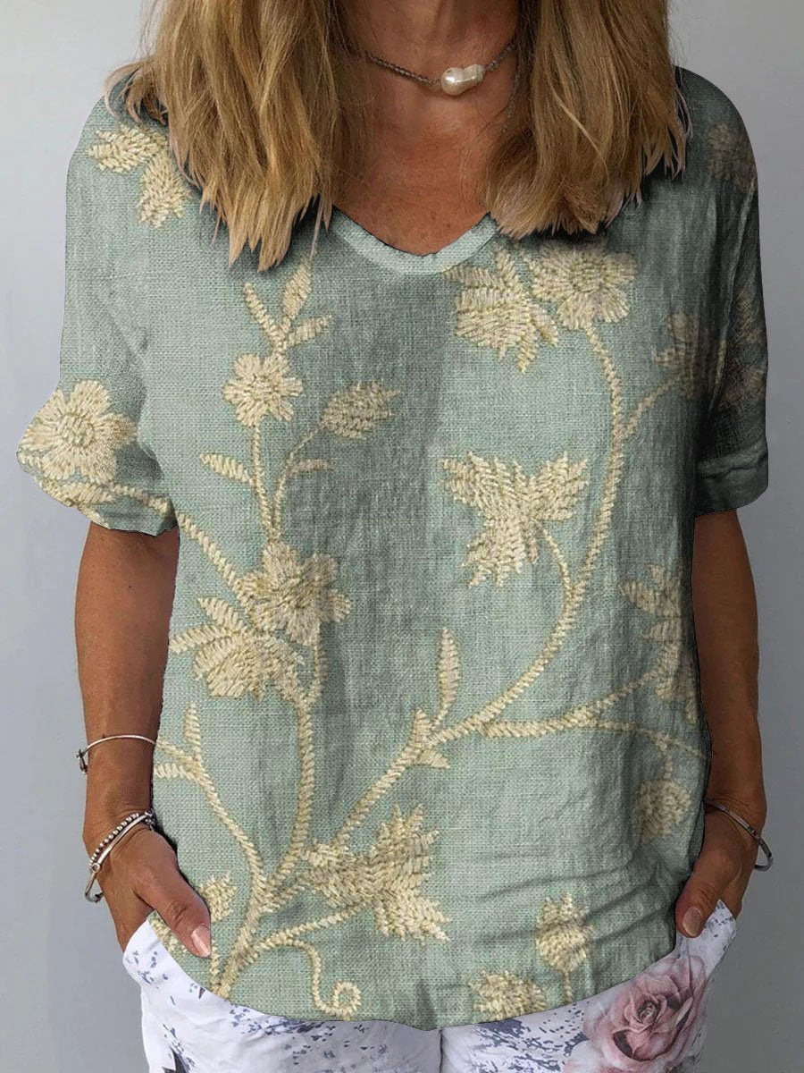 Women's Retro Floral Casual V-Neck Cotton And Linen Top