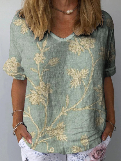 Women's Retro Floral Casual V-Neck Cotton And Linen Top