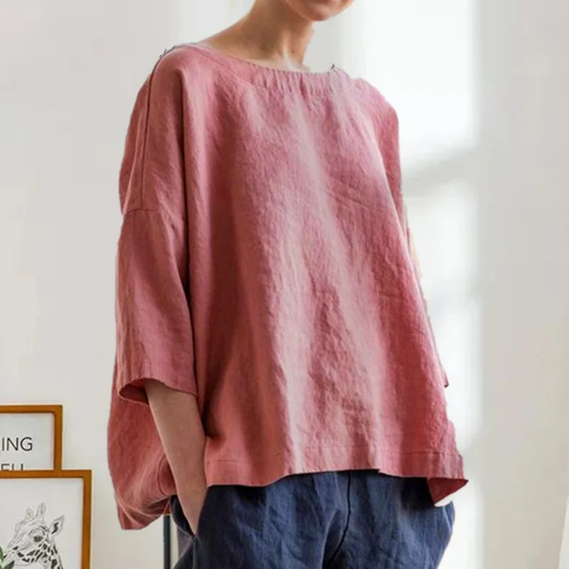 Round Neck Cotton and Linen T-shirt Loose Plus Size Women's Top