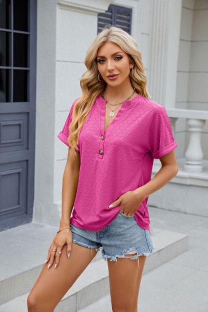 Solid color V-neck button loose short-sleeved T-shirt women's top