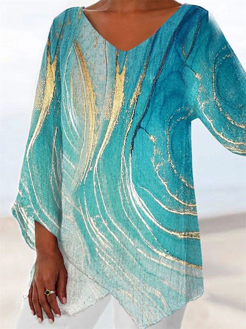 Spring and Summer Geometric Printed Long Sleeve V-neck Patchwork Shirt