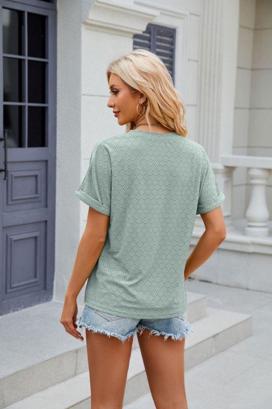 Solid color V-neck button loose short-sleeved T-shirt women's top