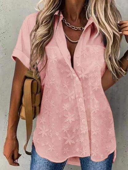 V Neck Embroidery Simple Cotton Plain Loose Blouse