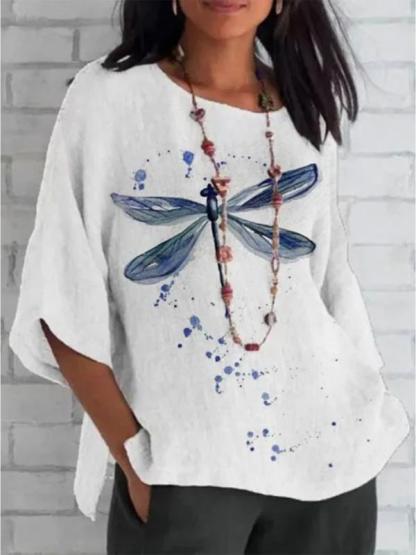 Dragonfly Printed Mid-Length Sleeve Tunic Top