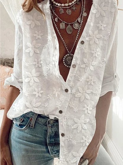 V Neck Embroidery Simple Cotton Plain Loose Blouse
