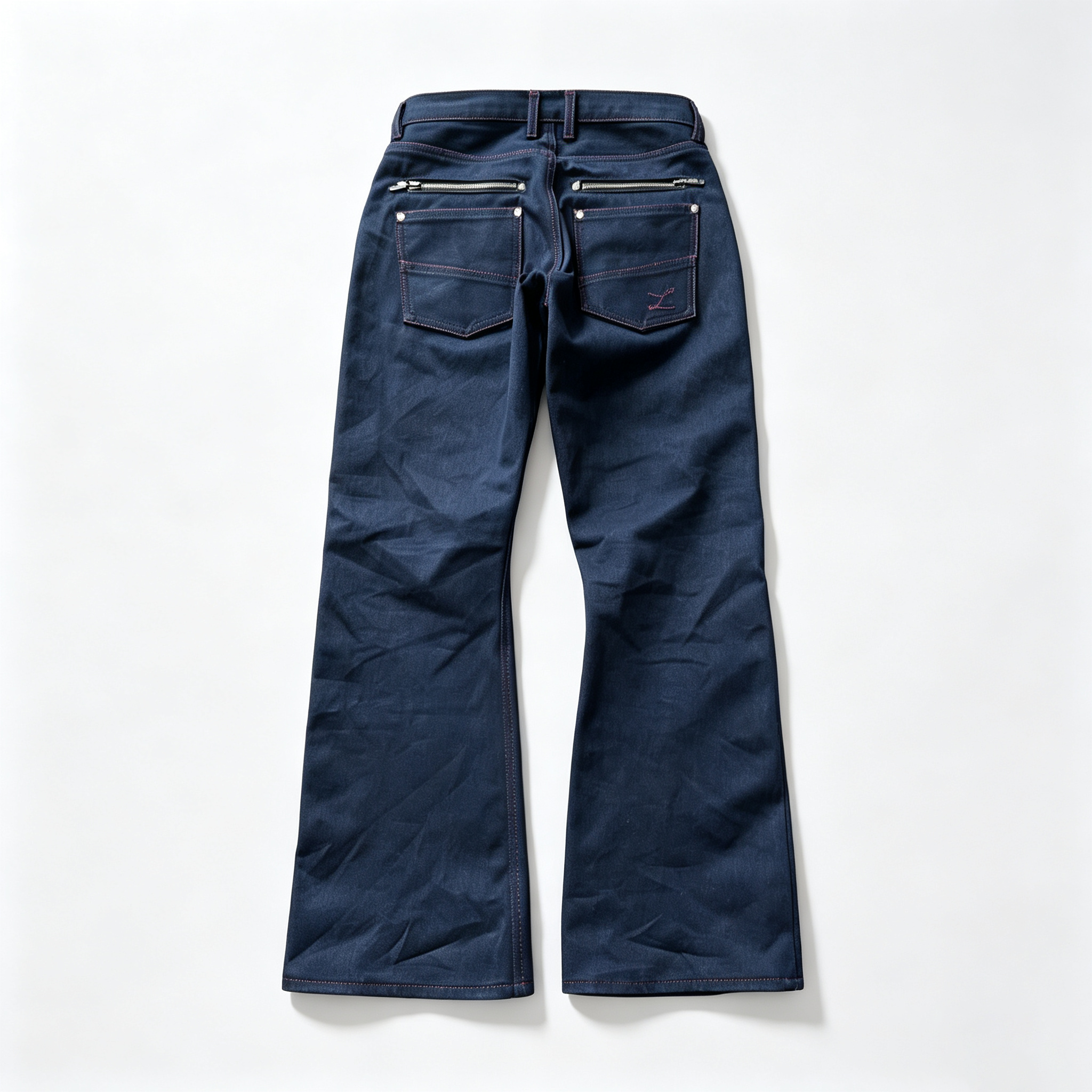 12 Pockets Multi‑Utility Bootcut Jeans, Raw Indigo Denim Pants with Red Contrast Stitching Rivet Decor