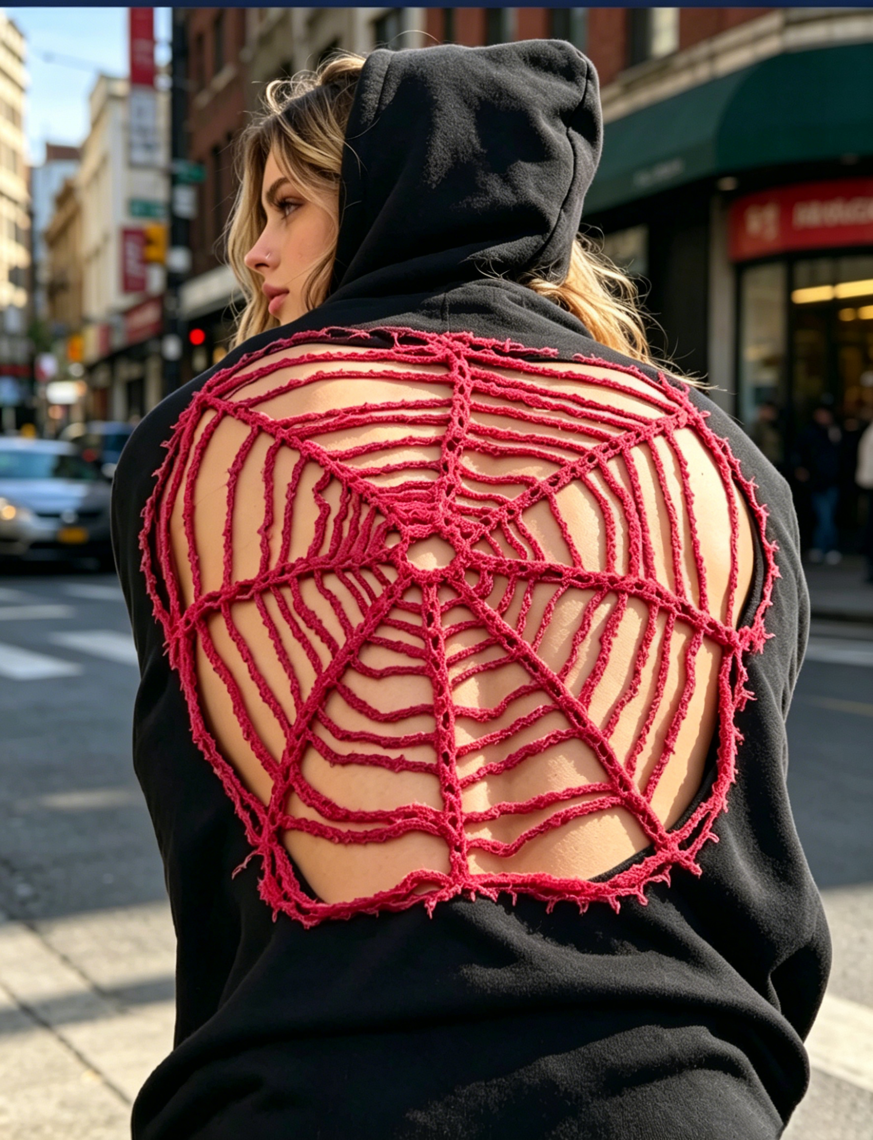 Spider Web Cutout Back Hooded Sweatshirt