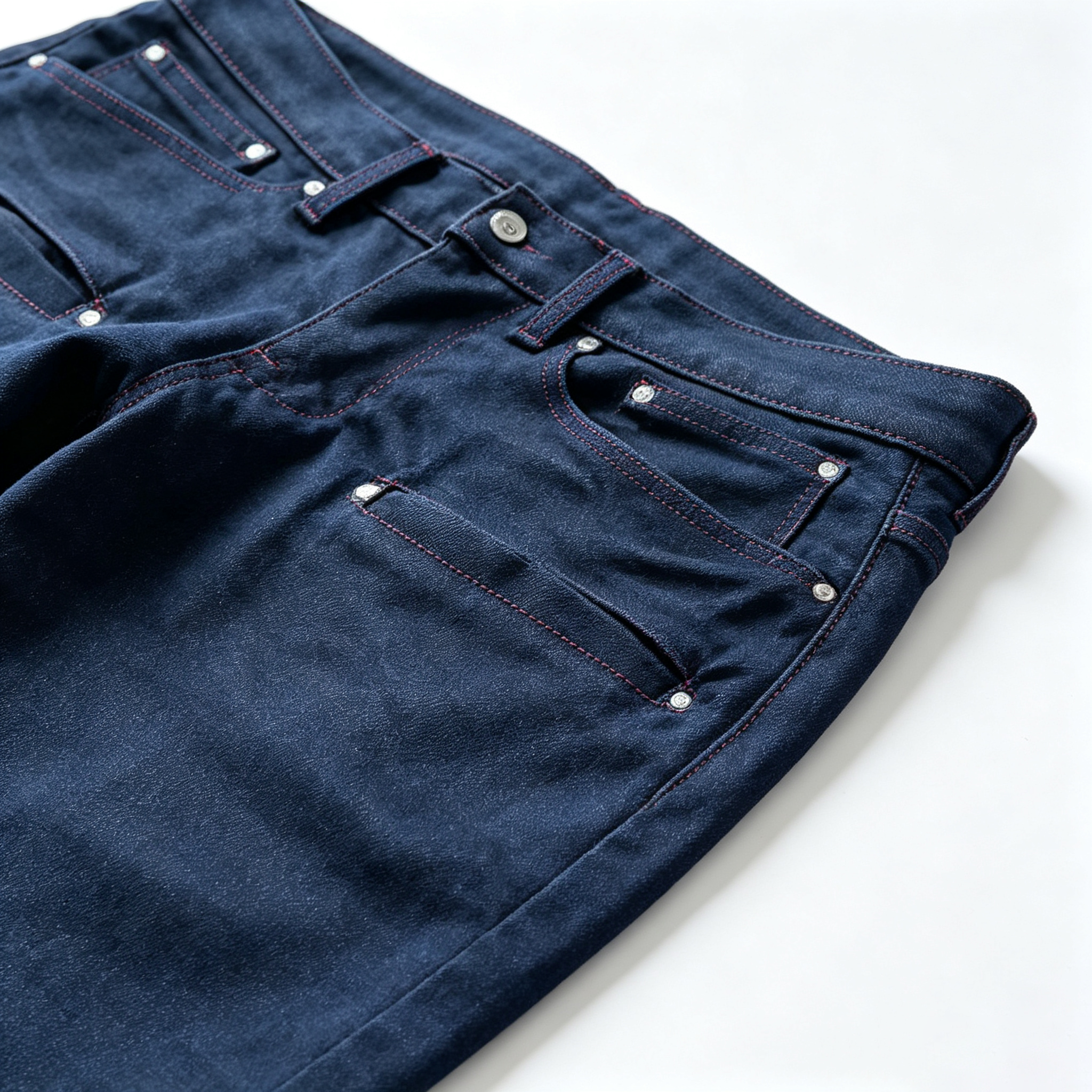 12 Pockets Multi‑Utility Bootcut Jeans, Raw Indigo Denim Pants with Red Contrast Stitching Rivet Decor