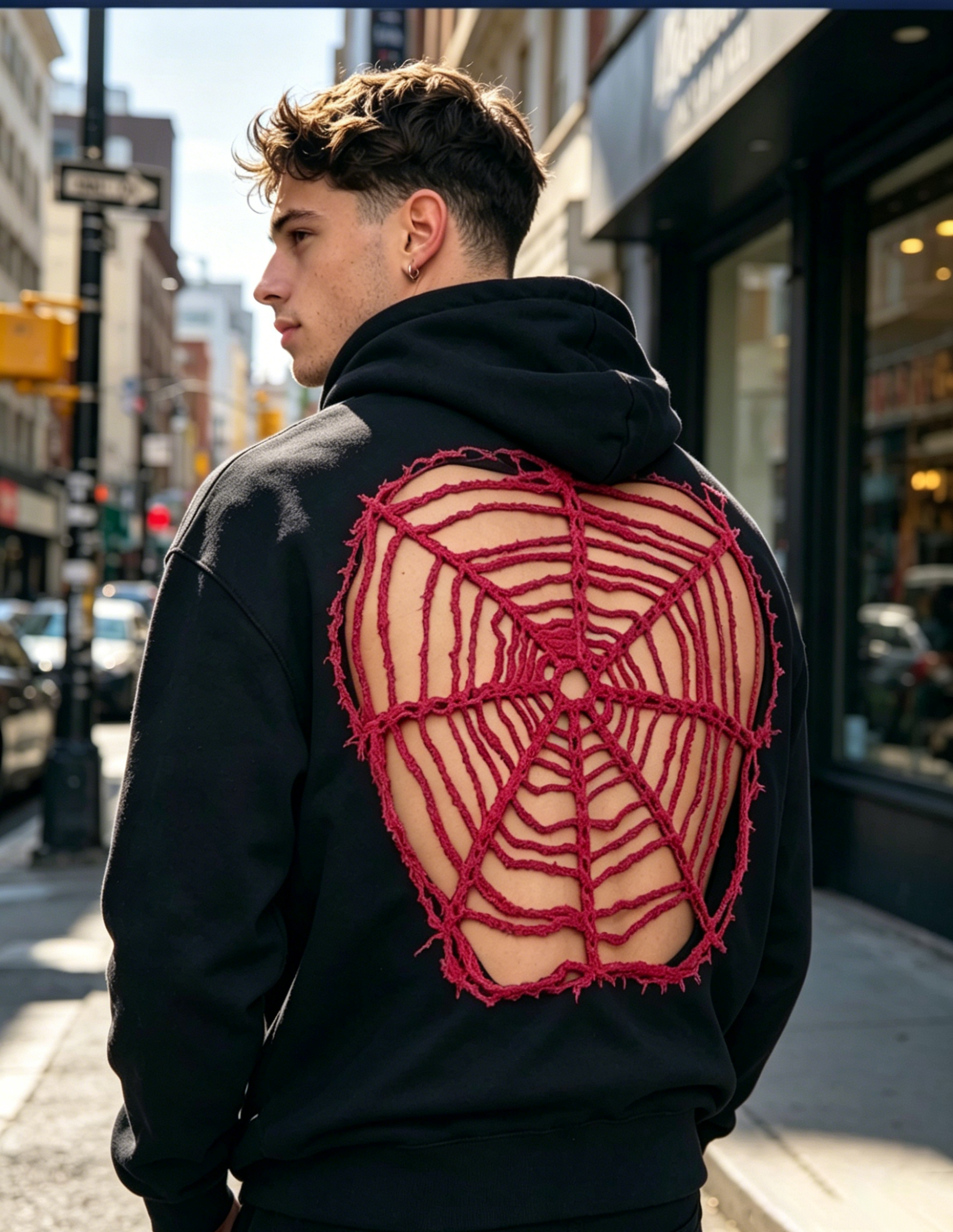 Spider Web Cutout Back Hooded Sweatshirt