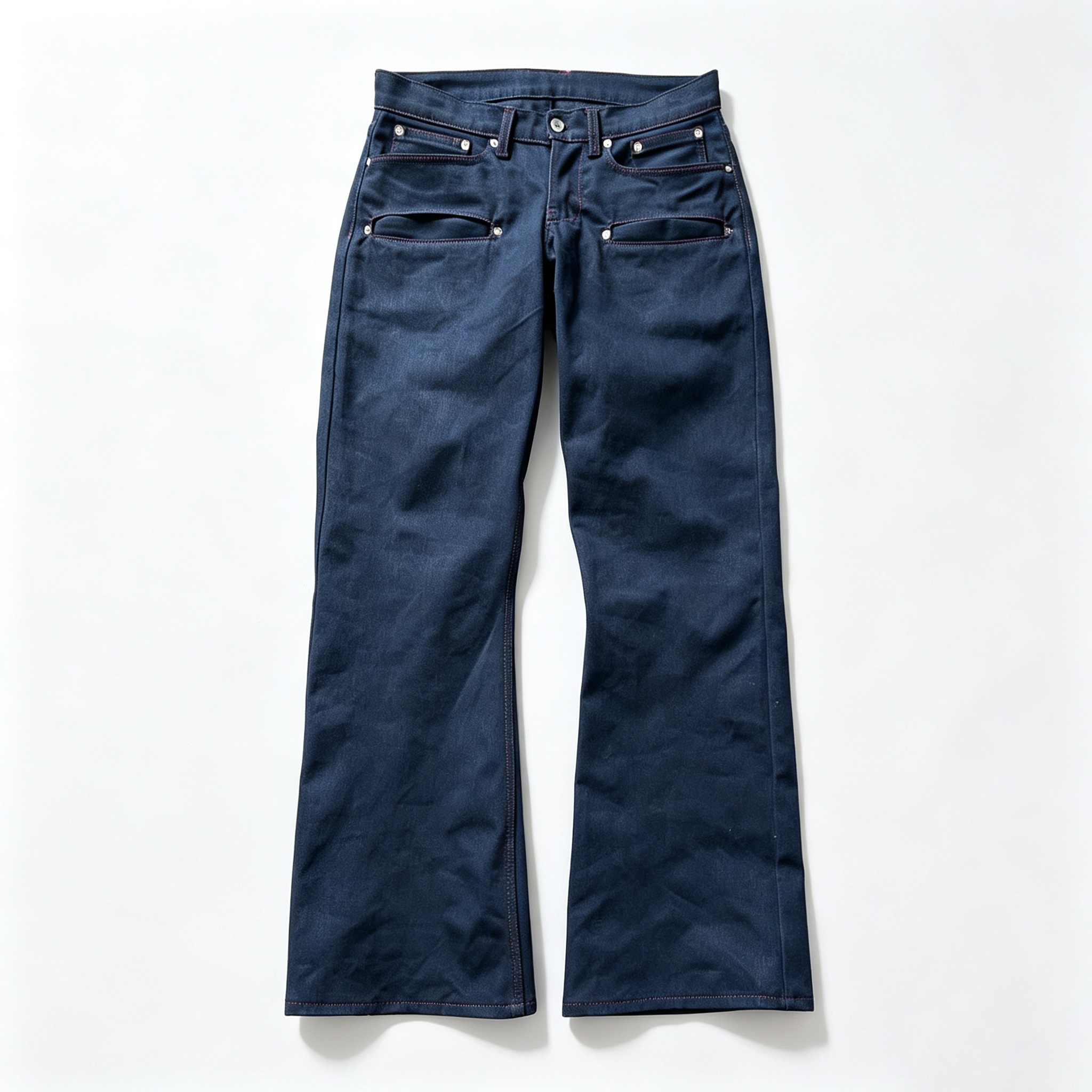 12 Pockets Multi‑Utility Bootcut Jeans, Raw Indigo Denim Pants with Red Contrast Stitching Rivet Decor