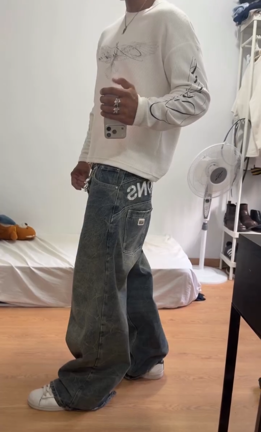 Men Vintage Baggy Wide‑Leg Letter Print Jeans