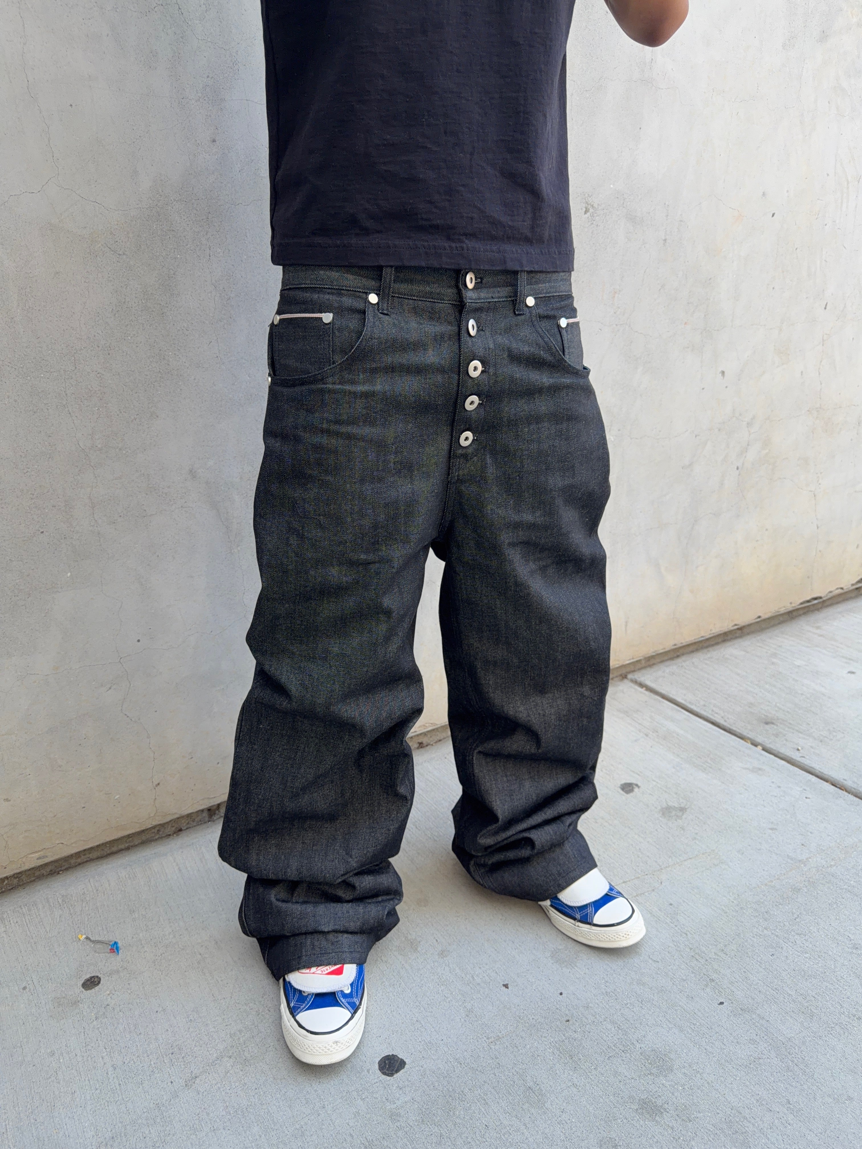Raw Denim Baggy Button‑Fly Jeans