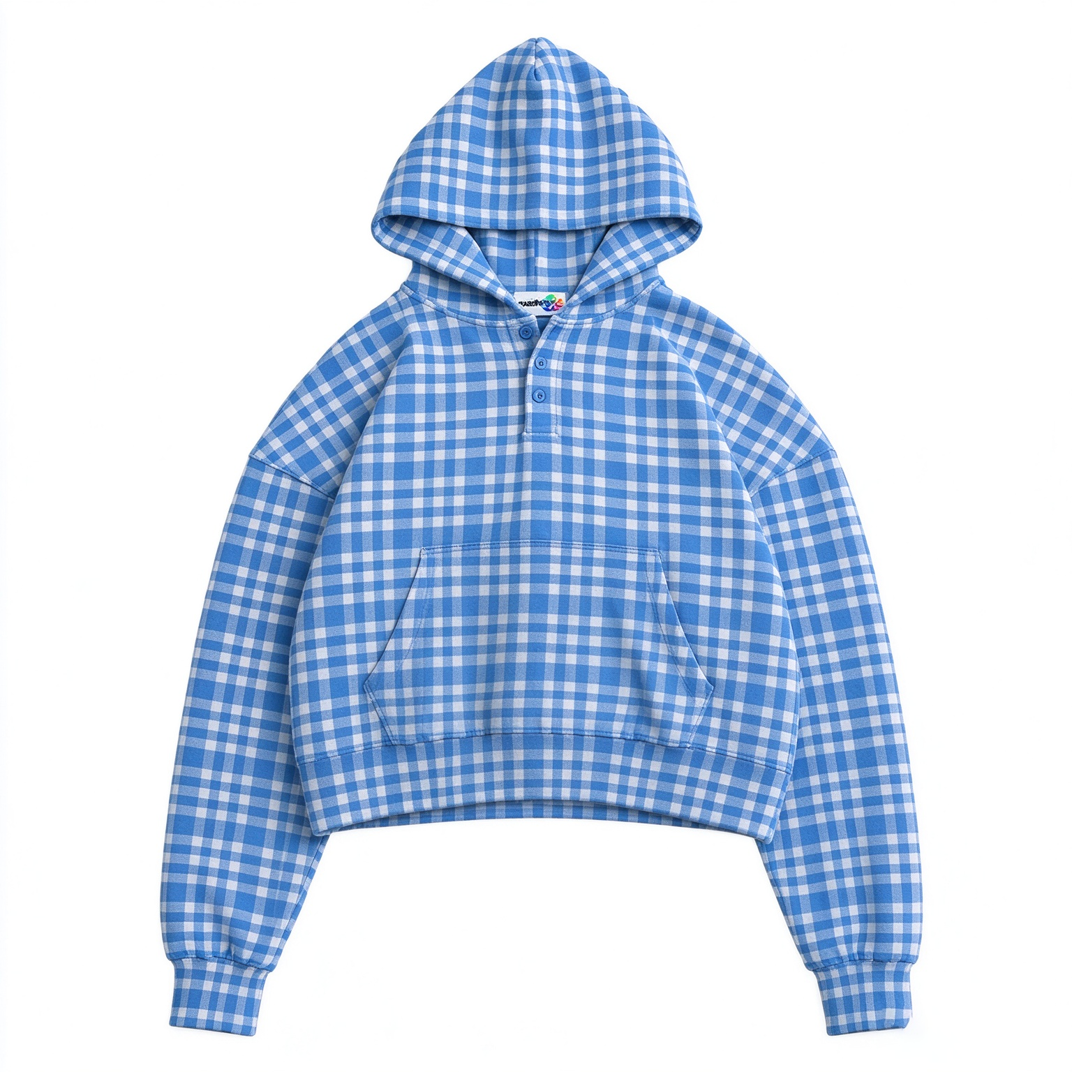 Unisex Cropped Plaid Henley Hoodie