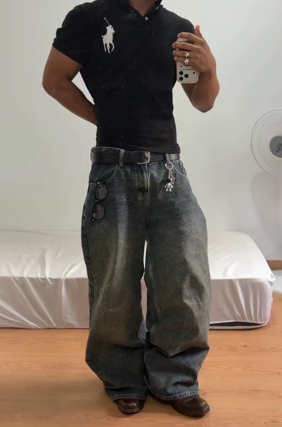 Men Vintage Baggy Wide‑Leg Letter Print Jeans