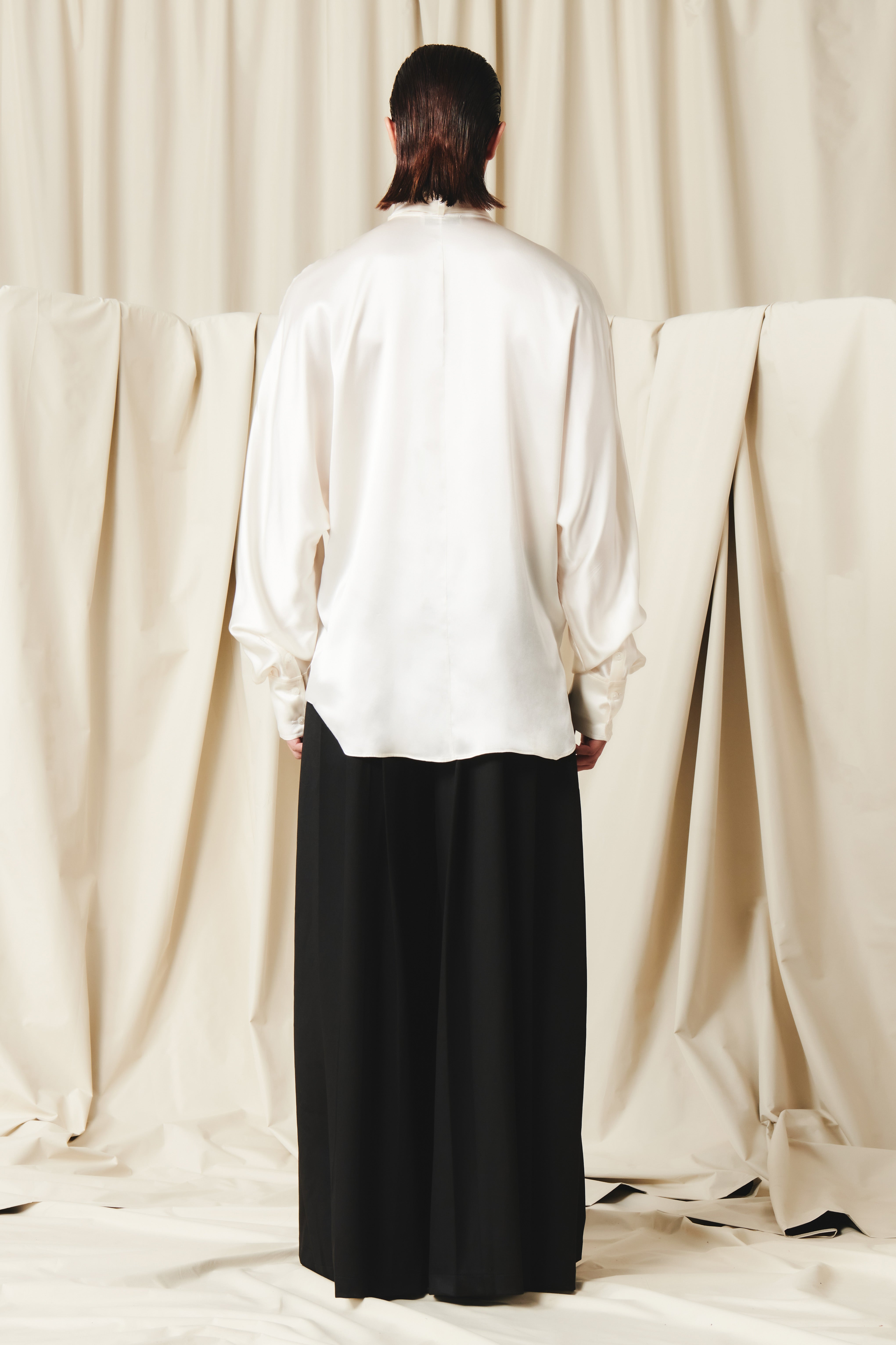 Men's Luxury Silk Tie‑Neck Oversized Shirt, Elegant High Neck Satin Blouse With Long Scarf Collar