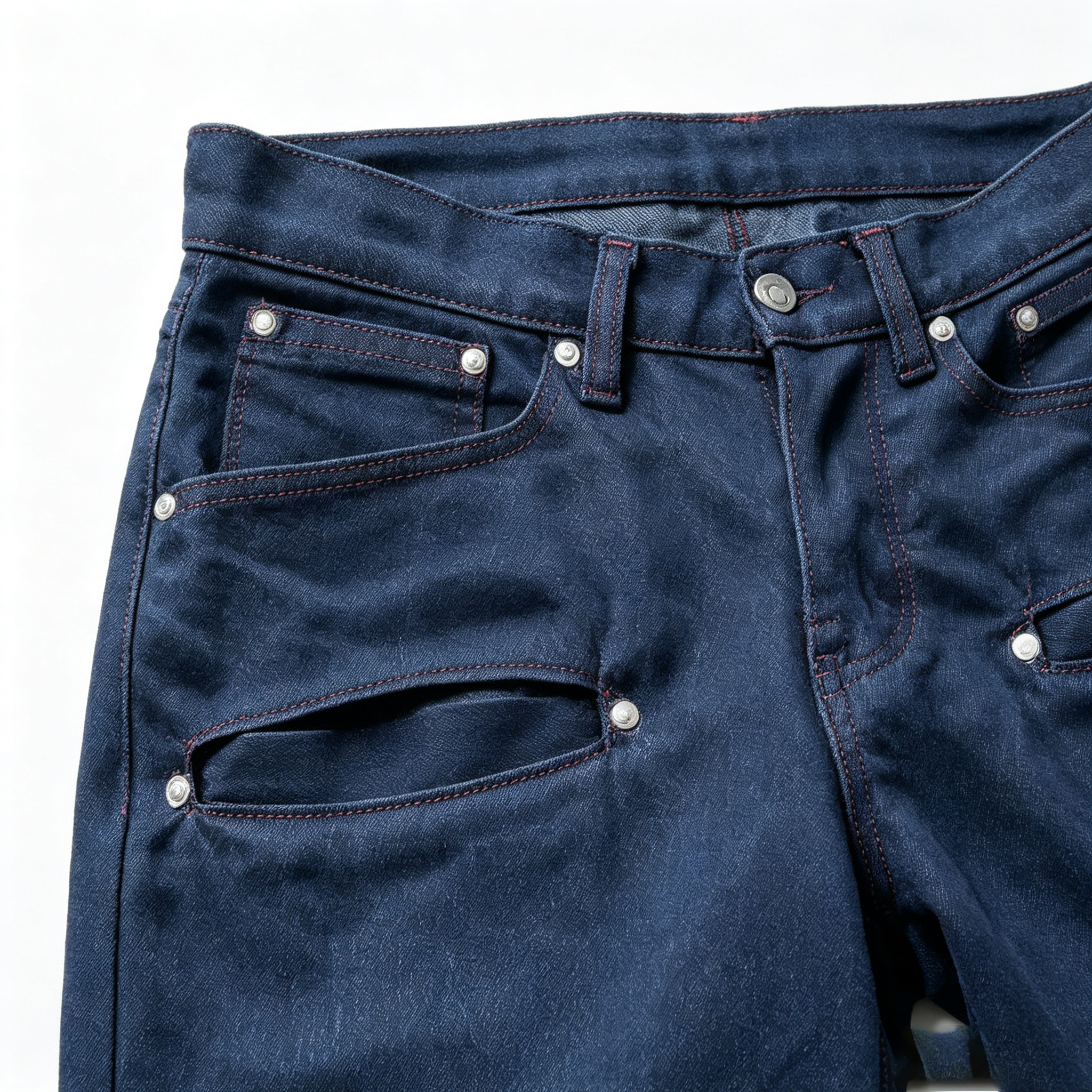12 Pockets Multi‑Utility Bootcut Jeans, Raw Indigo Denim Pants with Red Contrast Stitching Rivet Decor