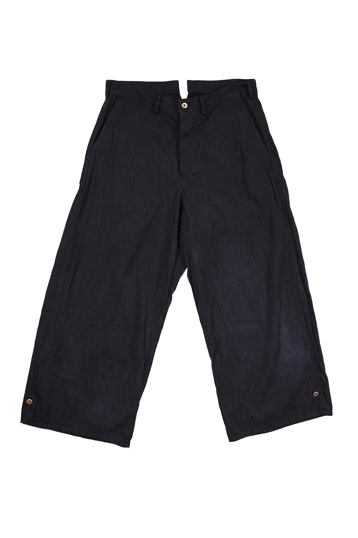 Distressed Retro Linen Cropped Trousers Back Buckle Waist Design