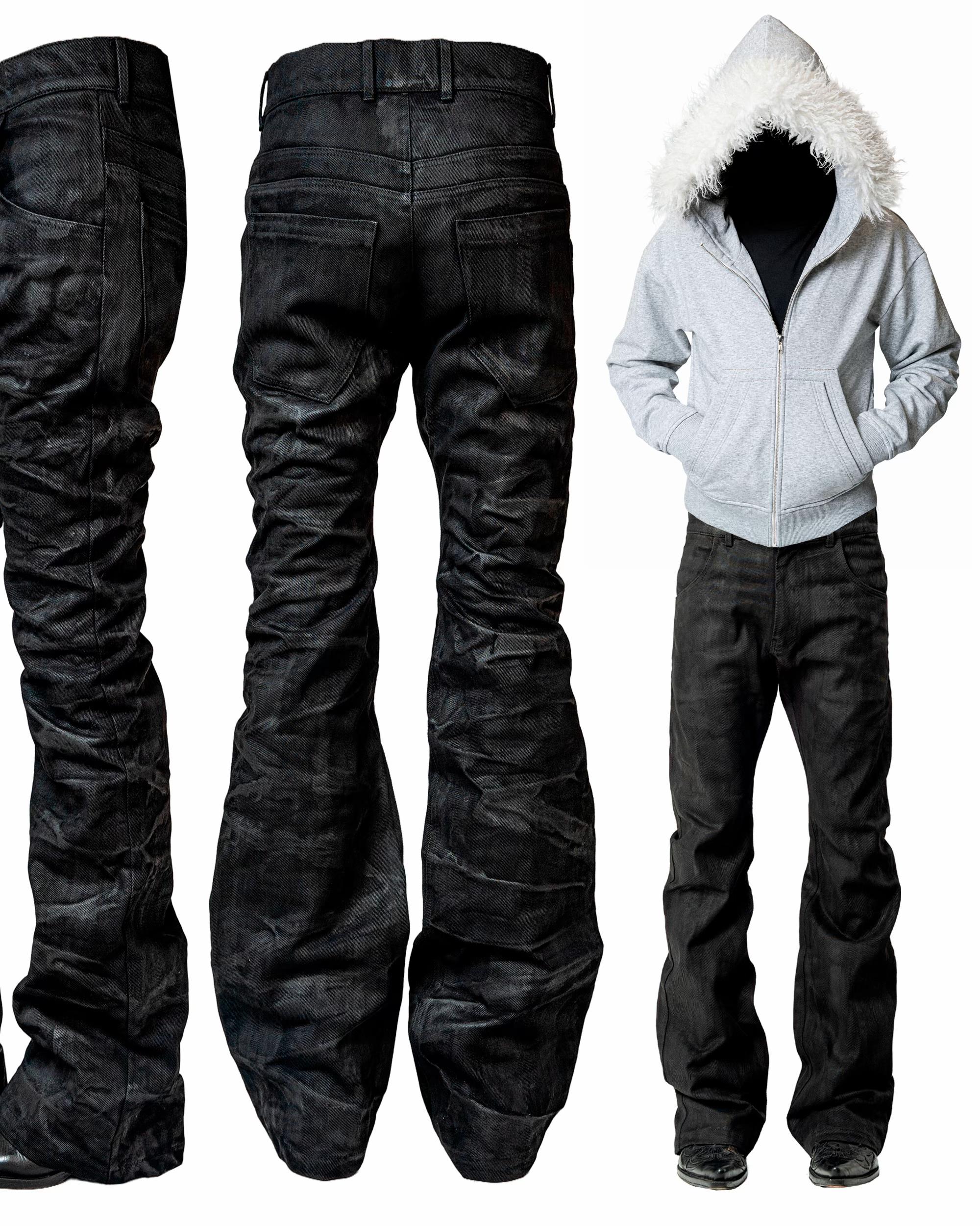 Black Wax‑Coated Flare Jeans
