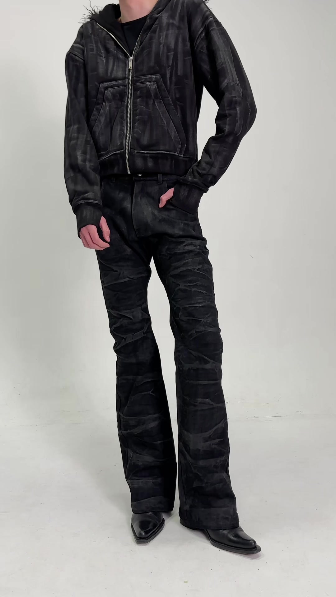 Black Wax‑Coated Flare Jeans