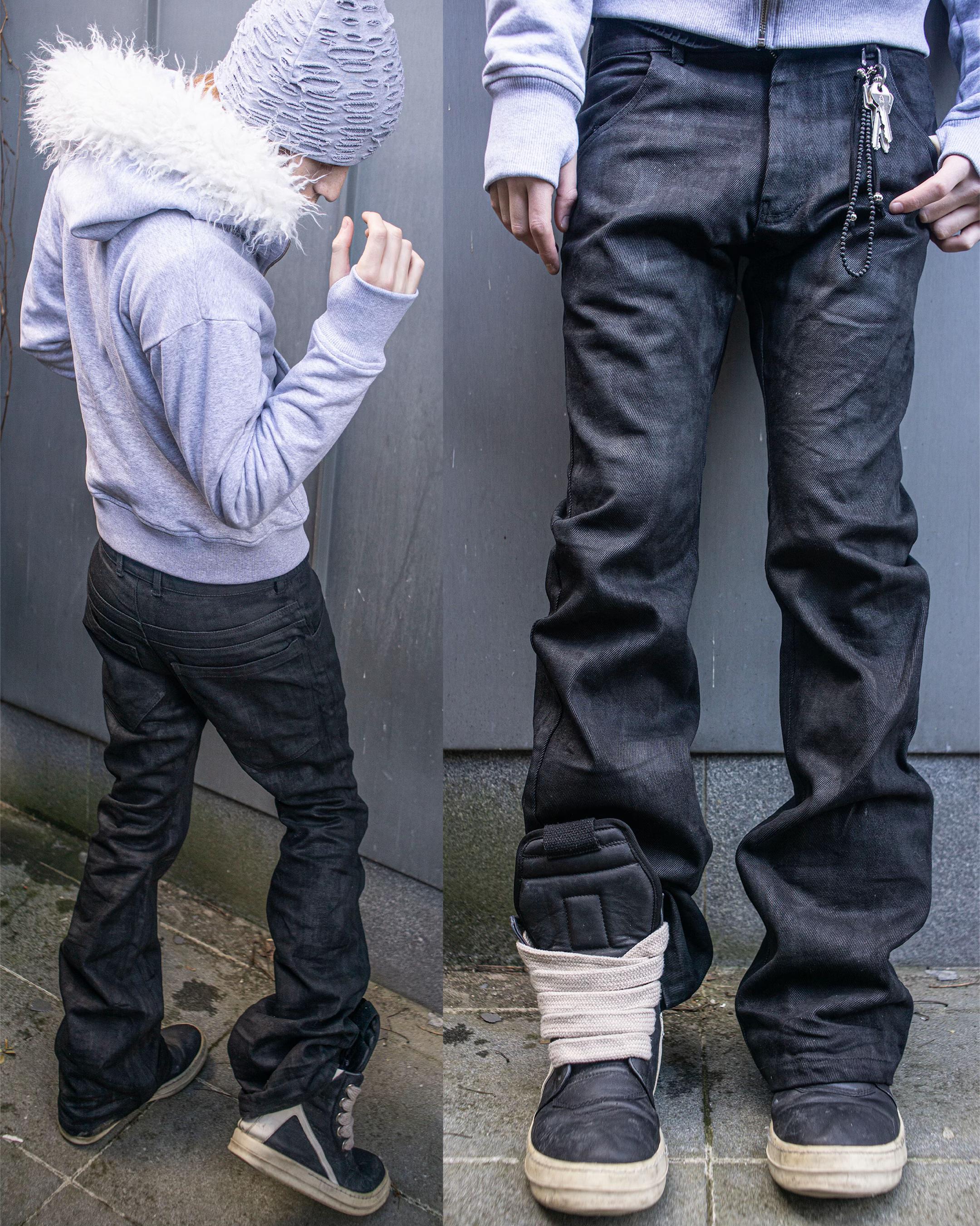 Black Wax‑Coated Flare Jeans