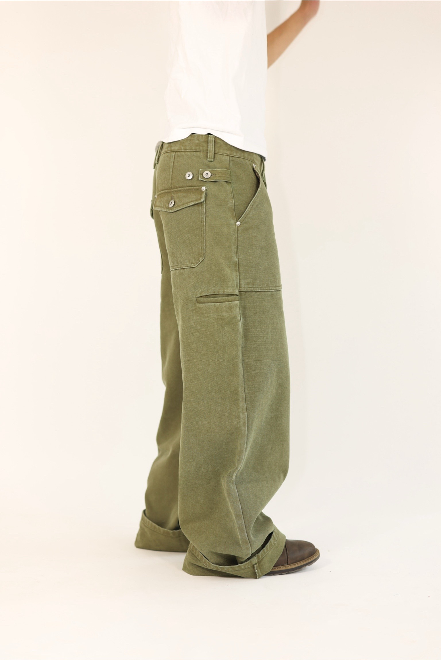 Heavy Olive Canvas Loose Fit Cargo Pants