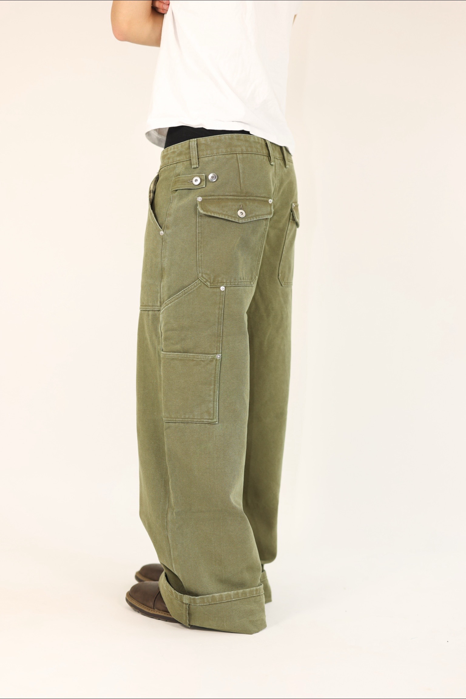 Heavy Olive Canvas Loose Fit Cargo Pants