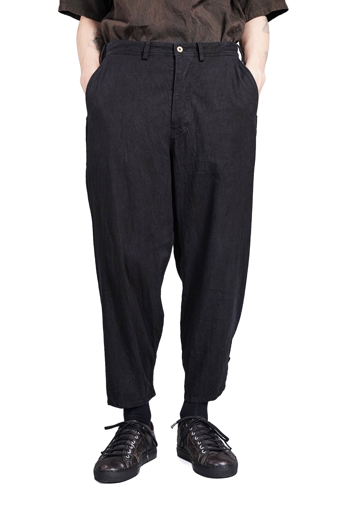 Distressed Retro Linen Cropped Trousers Back Buckle Waist Design