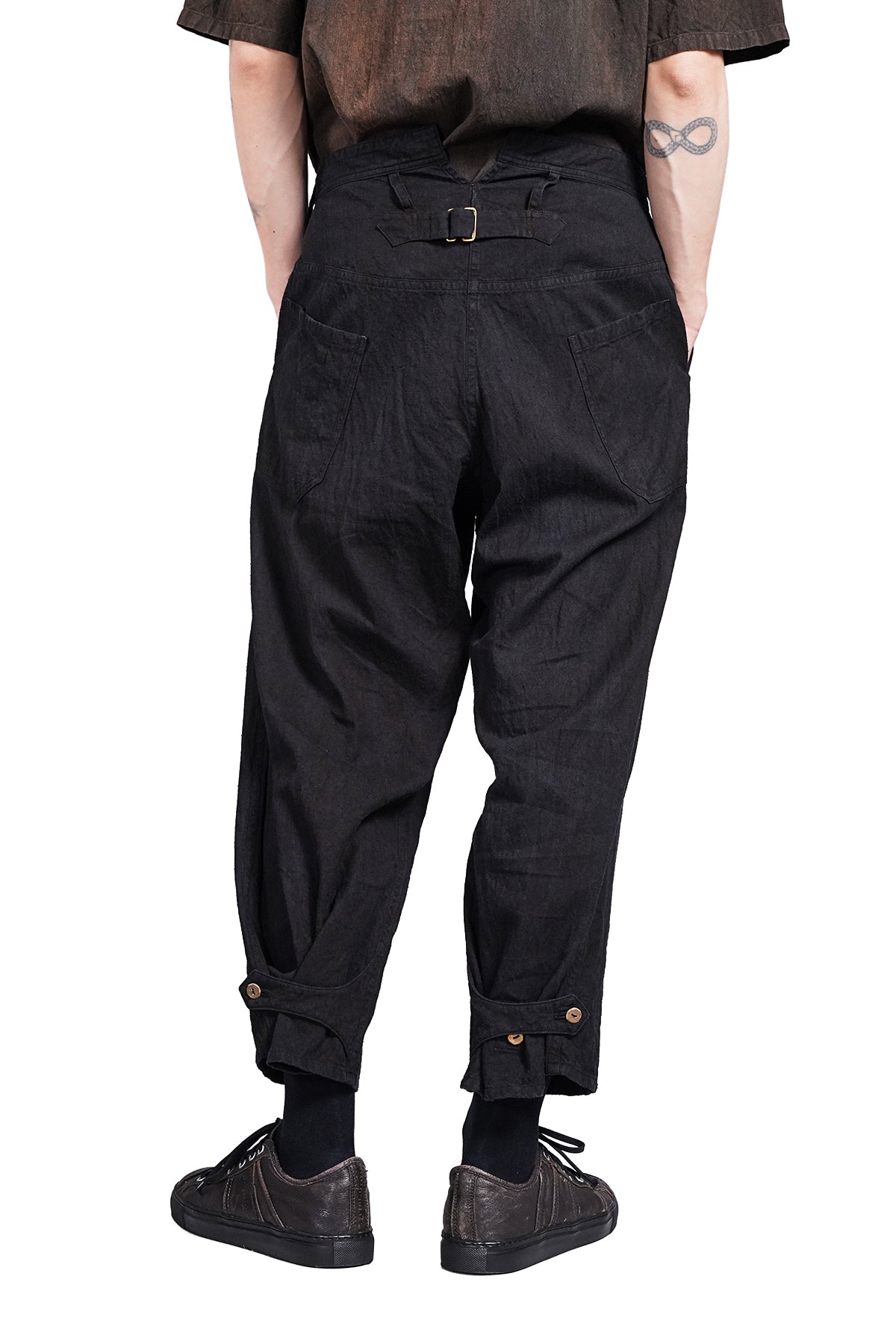Distressed Retro Linen Cropped Trousers Back Buckle Waist Design