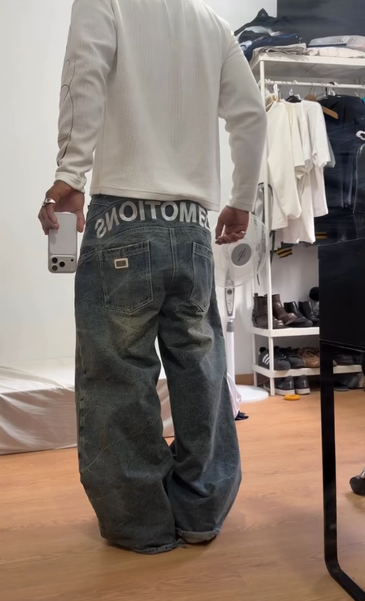 Men Vintage Baggy Wide‑Leg Letter Print Jeans