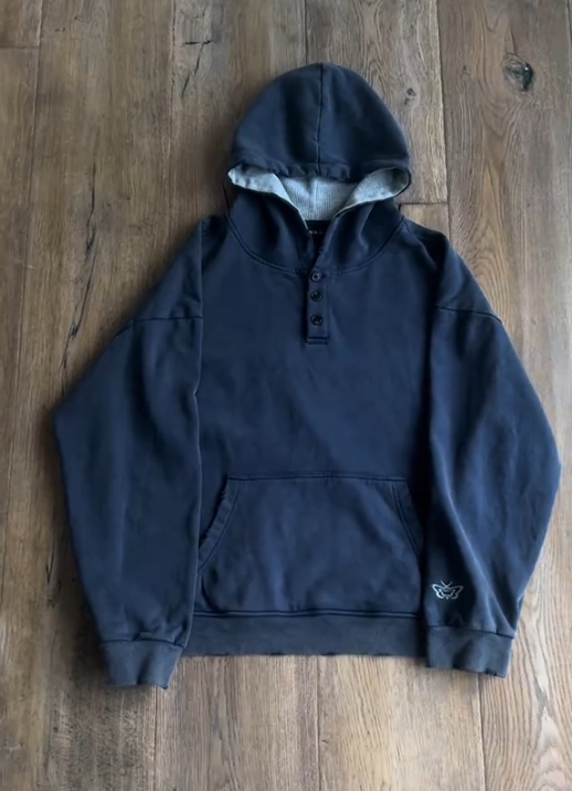 Henley Neck Distressed Hoodie Men Vintage Washed Pullover Sweatshirt