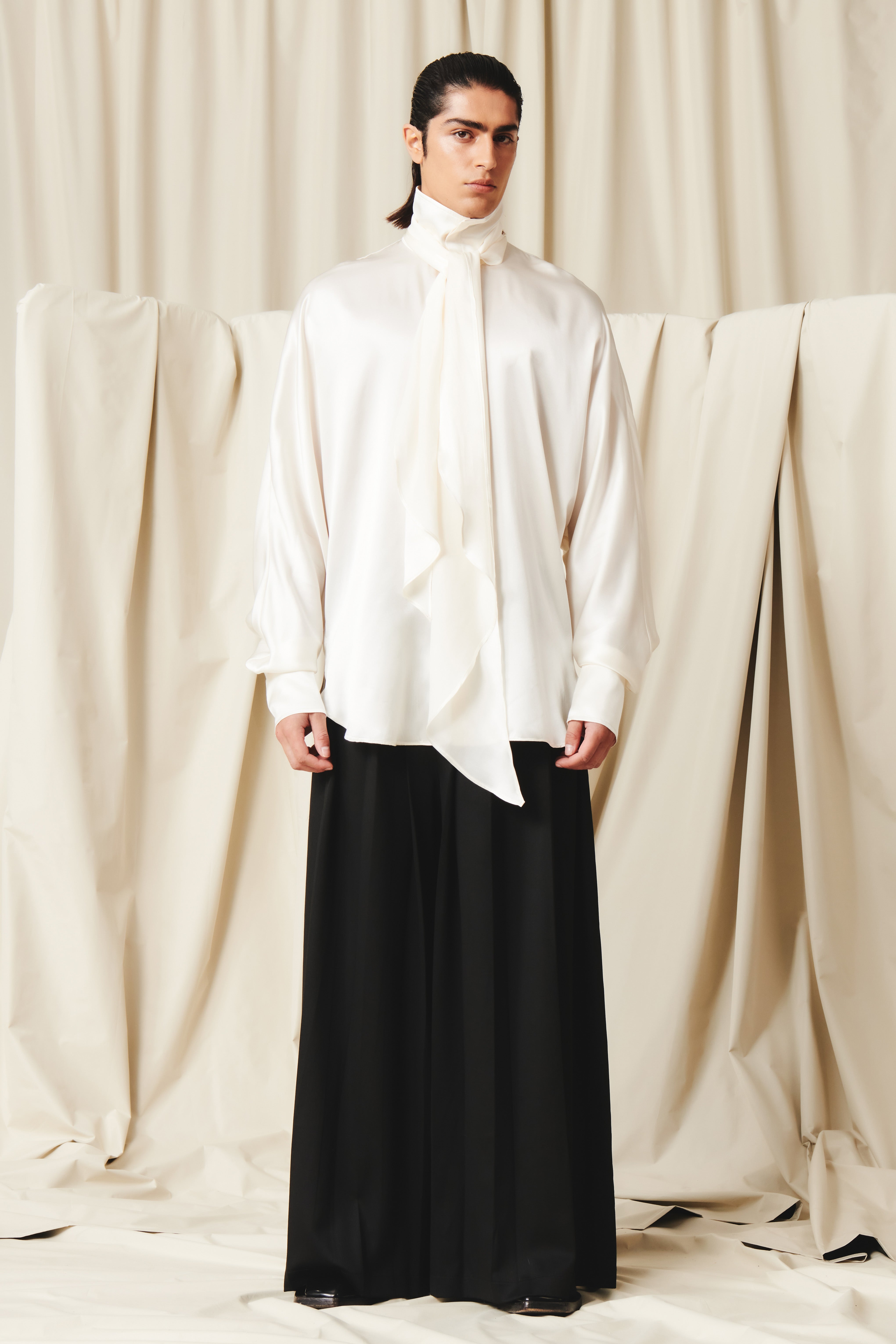 Men's Luxury Silk Tie‑Neck Oversized Shirt, Elegant High Neck Satin Blouse With Long Scarf Collar