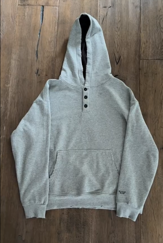Henley Neck Distressed Hoodie Men Vintage Washed Pullover Sweatshirt