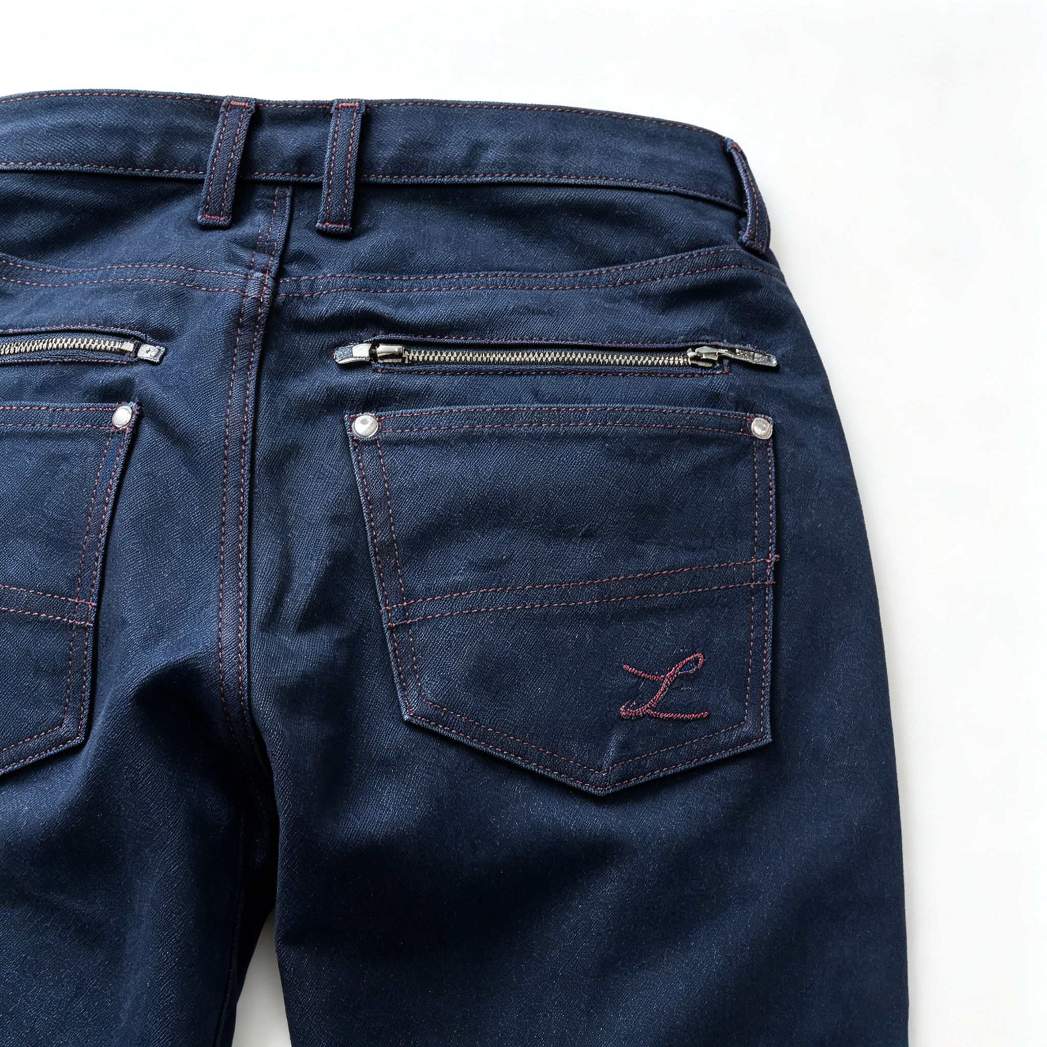 12 Pockets Multi‑Utility Bootcut Jeans, Raw Indigo Denim Pants with Red Contrast Stitching Rivet Decor