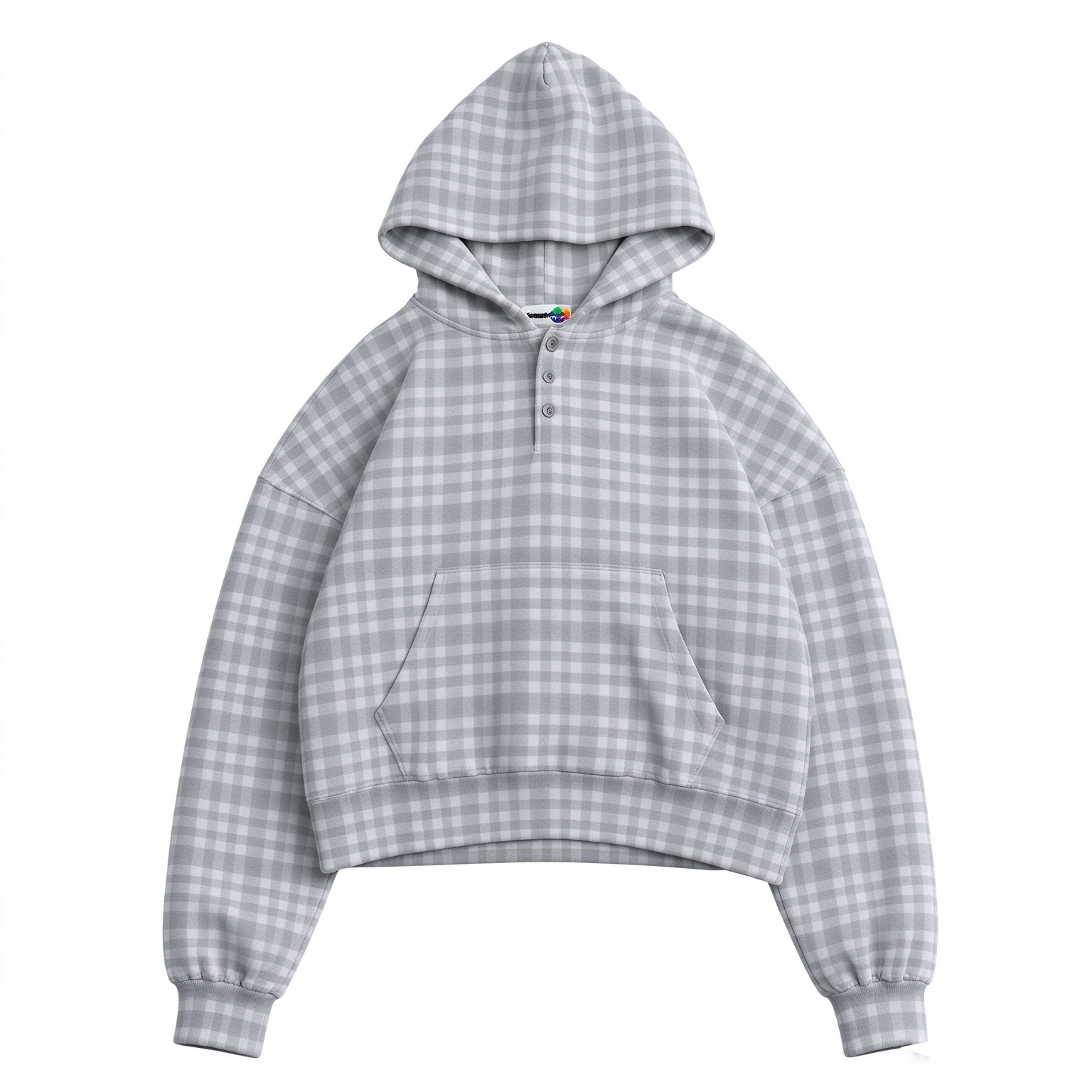 Unisex Cropped Plaid Henley Hoodie