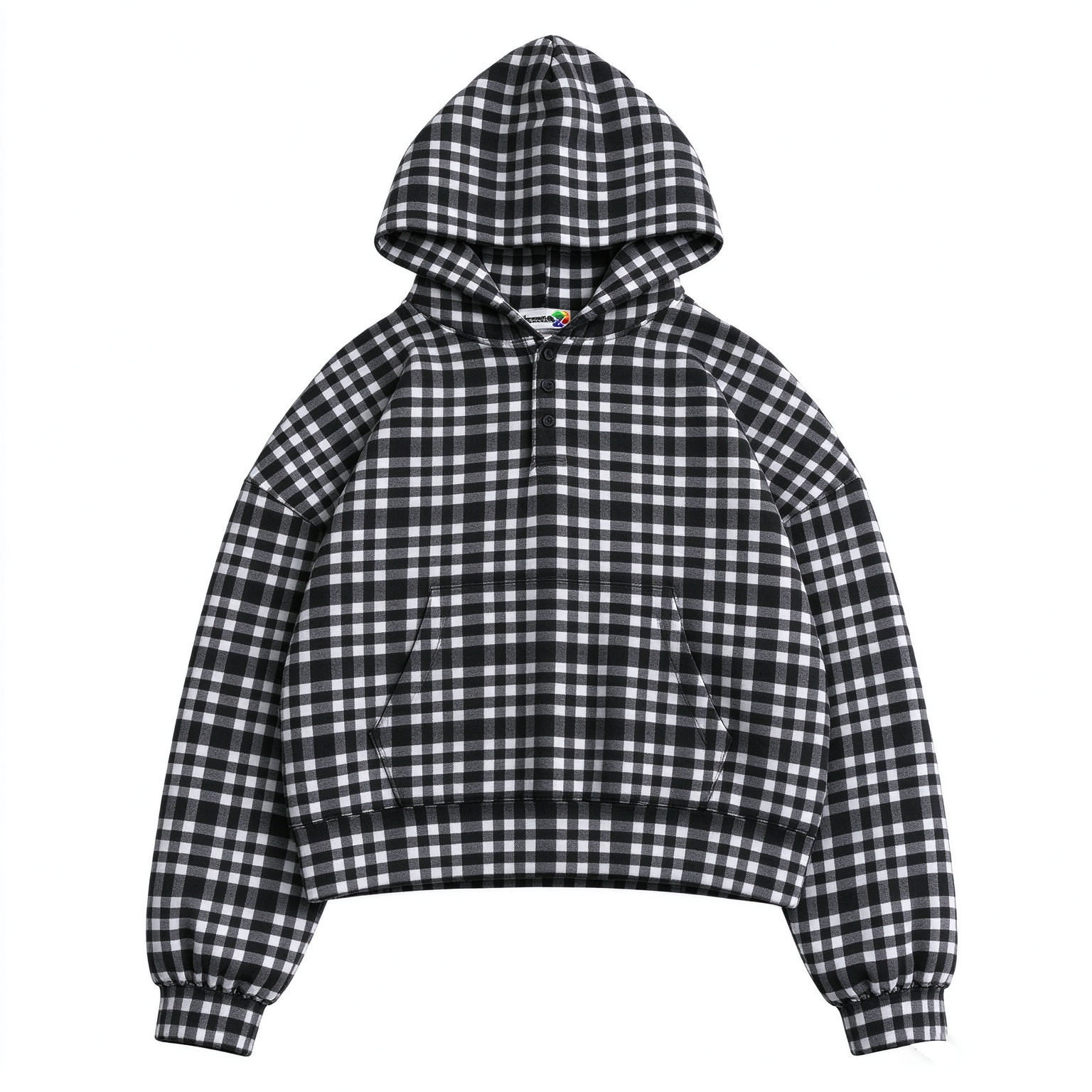 Unisex Cropped Plaid Henley Hoodie
