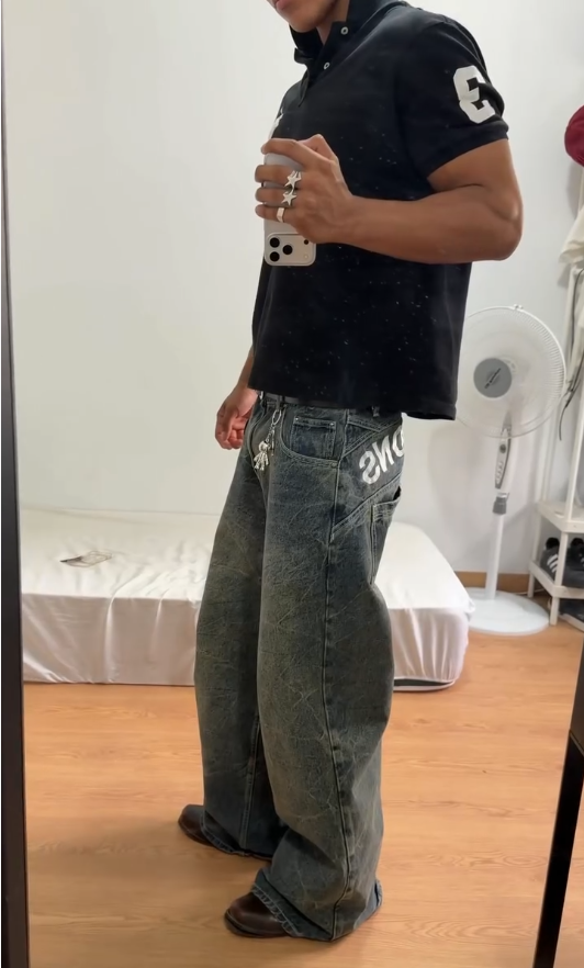 Men Vintage Baggy Wide‑Leg Letter Print Jeans