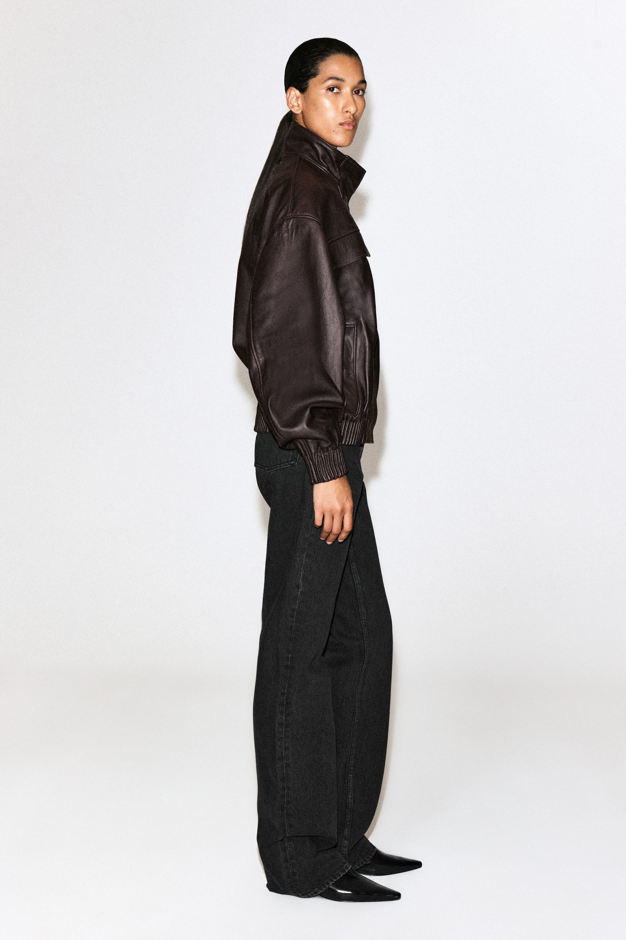 LEATHER MOCK-NECK BOMBER JACKET