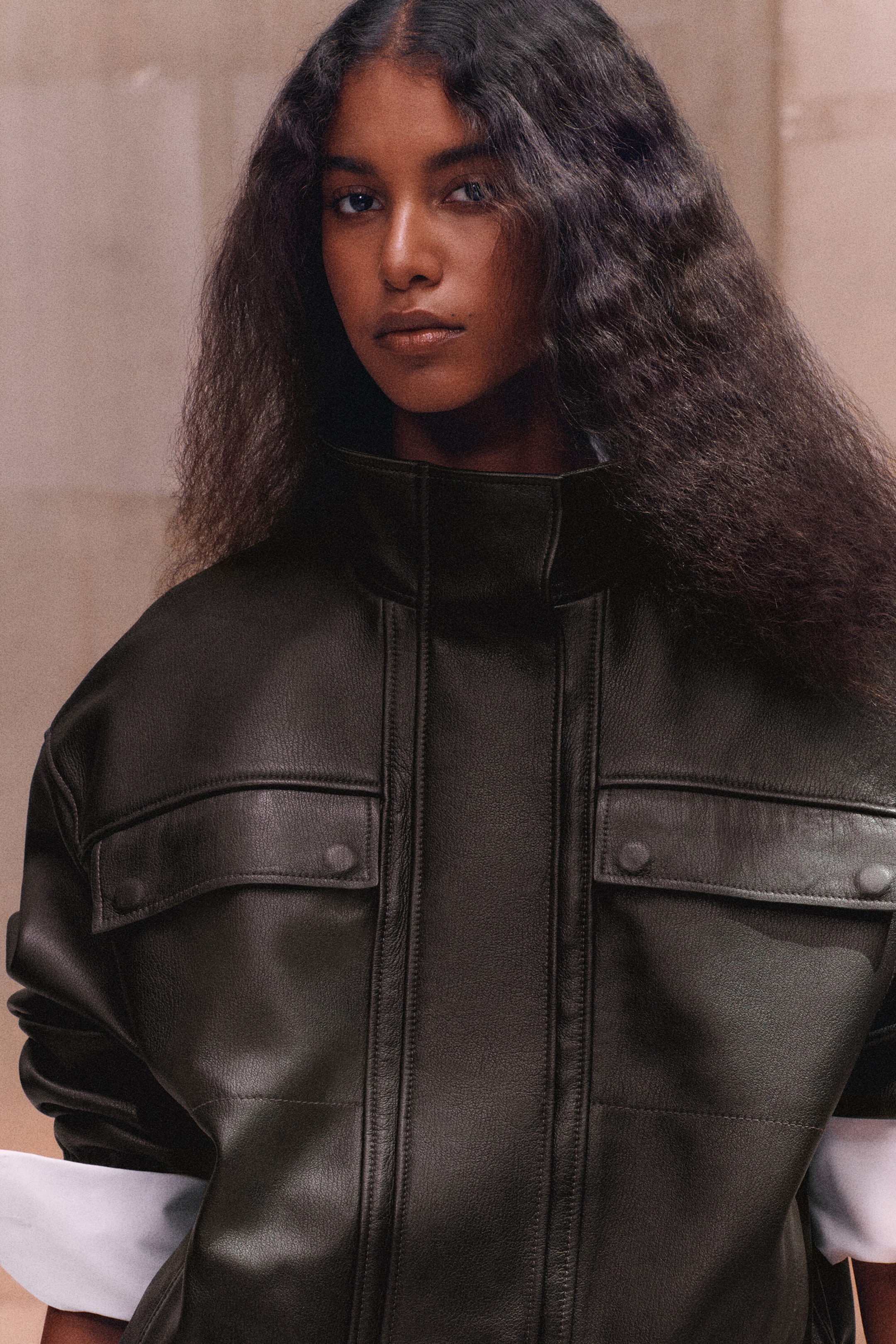 LEATHER MOCK-NECK BOMBER JACKET