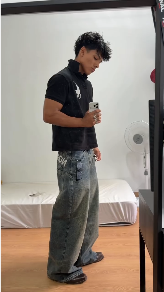 Men Vintage Baggy Wide‑Leg Letter Print Jeans